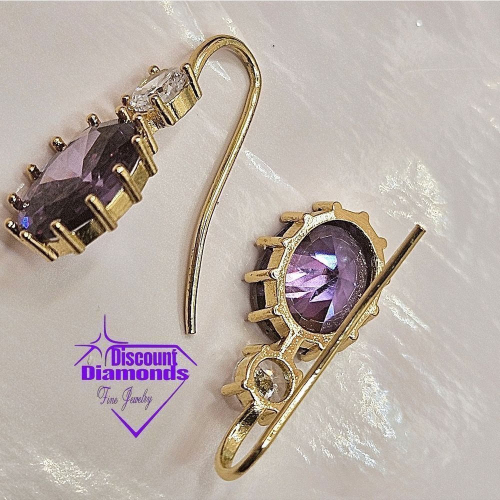 Oval Amethyst (Purple) Earrings 14K Bright Yellow Gold on 925 Silver - Picture 9 of 10